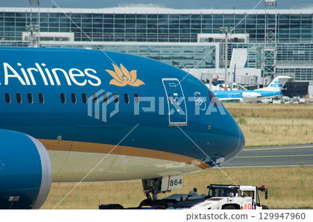 Frankfurt, Germany, July 9, 2017: Close-Up of Vietnam Airlines Boeing 787 on Taxiway Tow 129947960