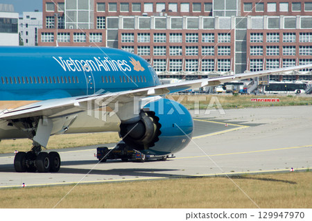 Frankfurt, Germany, July 9, 2017: Close-Up of Vietnam Airlines Boeing 787 on Taxiway Tow 129947970
