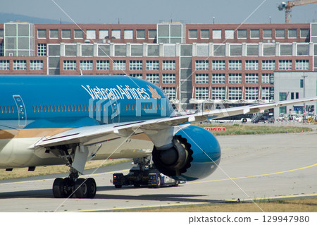 Frankfurt, Germany, July 9, 2017: Close-Up of Vietnam Airlines Boeing 787 on Taxiway Tow 129947980