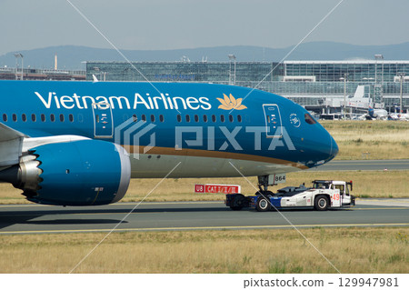 Frankfurt, Germany, July 9, 2017: Close-Up of Vietnam Airlines Boeing 787 on Taxiway Tow 129947981