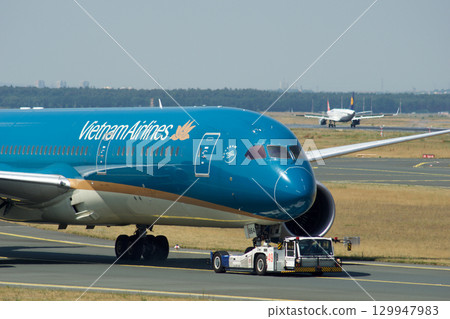 Frankfurt, Germany, July 9, 2017: Close-Up of Vietnam Airlines Boeing 787 on Taxiway Tow 129947983