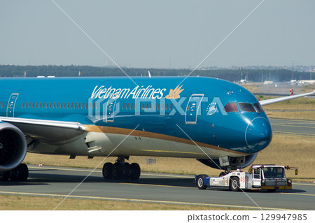 Frankfurt, Germany, July 9, 2017: Close-Up of Vietnam Airlines Boeing 787 on Taxiway Tow 129947985