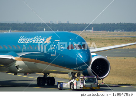 Frankfurt, Germany, July 9, 2017: Close-Up of Vietnam Airlines Boeing 787 on Taxiway Tow 129947989
