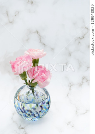 Three pink carnations in a cool-toned vase on the left (vertical composition) Three pink carnations in a cool-toned vase on the left (vertical composition) 129948029