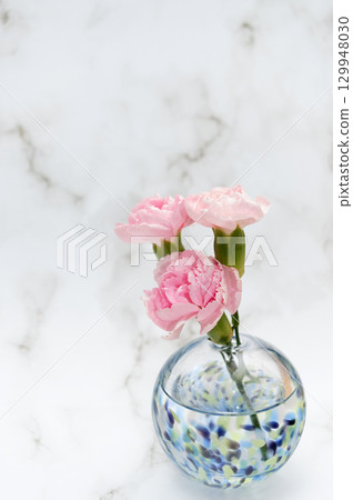 Three pink carnations in a cool-toned vase on the right (vertical composition) Three pink carnations in a cool-toned vase on the right (vertical composition) 129948030