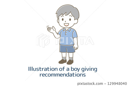一個微笑的小男孩指引方向的插圖 129948040