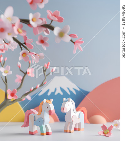 馬、梅花和富士山（馬年、十二生肖、新年賀卡材料） - 豎版 129948095