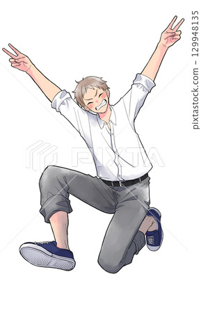男學生高興地跳起來，微笑著 129948135