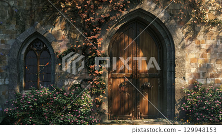 Old stone wall, gothic wooden door, ivy, flowers, arched windows, sunlit with soft shadows. Old stone wall, gothic wooden door, ivy, flowers, arched windows, sunlit with soft shadows. 129948153
