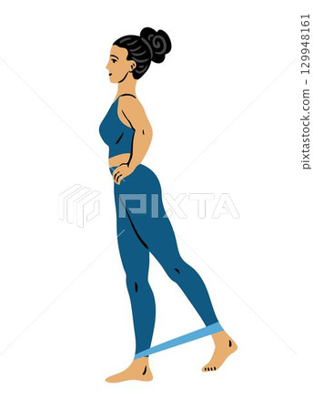 Woman standing leg kickback with resistance band Woman standing leg kickback with resistance band 129948161