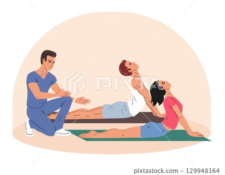 Cobra stretch physiotherapy exercise with instructor Cobra stretch physiotherapy exercise with instructor 129948164