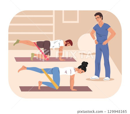 Plank exercise with resistance band and therapist 129948165