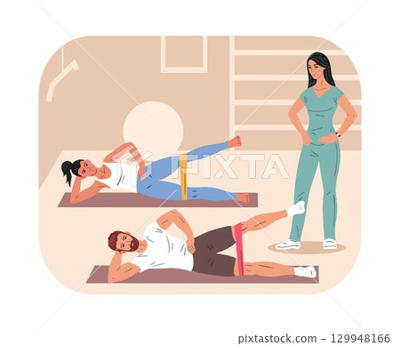 Side leg exercise with resistance band and physiotherapist supervision Side leg exercise with resistance band and physiotherapist supervision 129948166