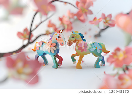 梅花和可愛的馬（馬年、十二生肖、新年卡片材料） 129948170