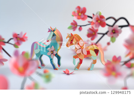 Plum blossoms and a cute horse (Year of the Horse, Zodiac, New Year's card material) 129948175
