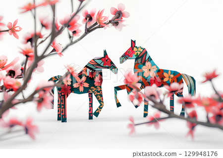 Plum blossoms and a cute horse (Year of the Horse, Zodiac, New Year's card material) 129948176