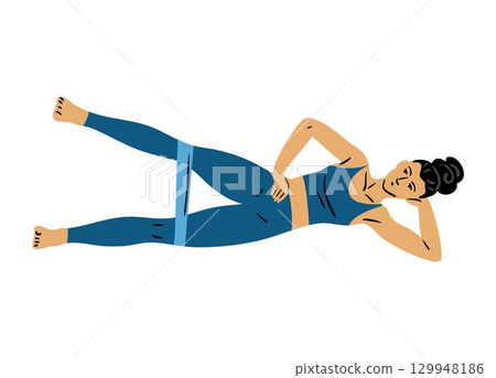 Woman side lying leg lift with resistance band 129948186
