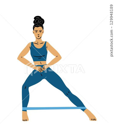 Woman side steps with resistance band 129948189