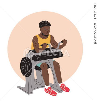 African American man training arms in gym 129948209