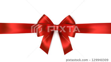 Shiny Red satin ribbon on white background. Vector Christmas gift, valentines day, birthday wrapping element 129948309