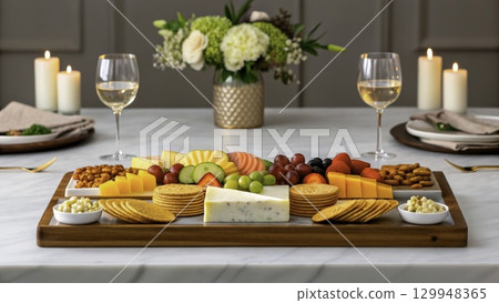Elegant cheese and fruit platter set on a marble table with candles during a cozy evening gathering 129948365