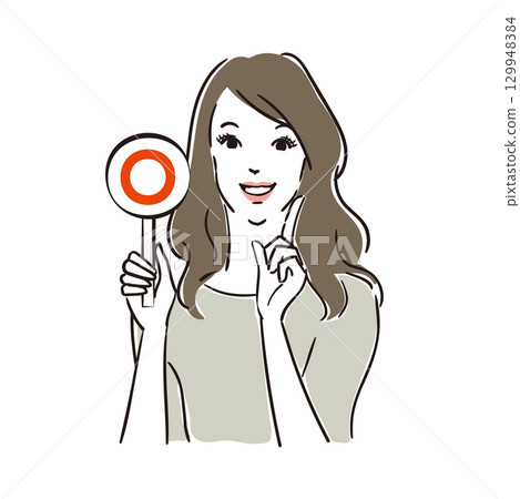 A beautiful woman judging whether the answer is correct or incorrect with a card 129948384