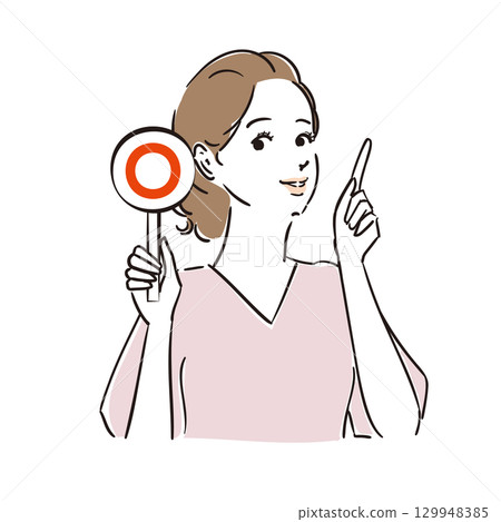 A beautiful woman judging whether the answer is correct or incorrect with a card 129948385