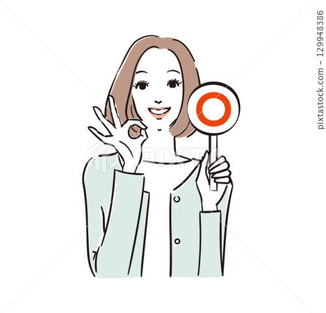 A beautiful woman judging whether the answer is correct or incorrect with a card 129948386