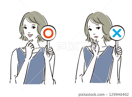 A beautiful woman judging whether the answer is correct or incorrect with a card A beautiful woman judging whether the answer is correct or incorrect with a card 129948402