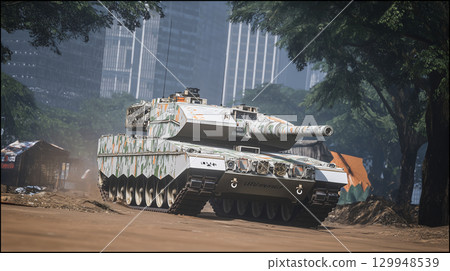 Modern main battle tank Leopard 2 moving through urban areas Modern main battle tank Leopard 2 moving through urban areas 129948539