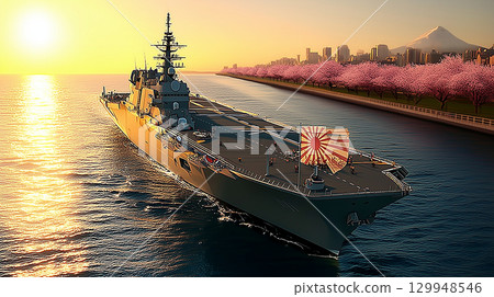 夕陽映照下的富士山、櫻花和驅逐艦 129948546