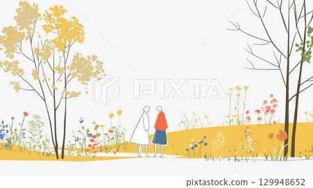 兩人在秋樹和花田間交談的插圖 兩人在秋樹和花田間交談的插圖 129948652
