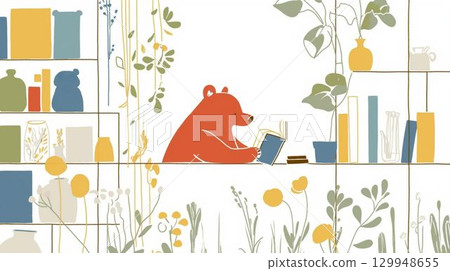 一隻熊在書架和鮮花的包圍下閱讀的插圖 129948655