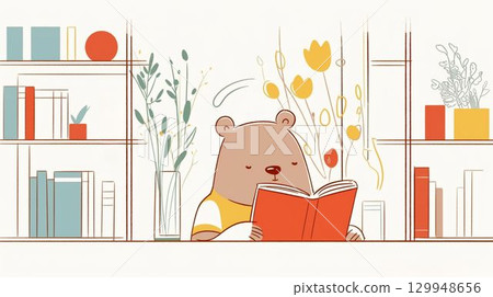 一隻棕熊讀一本紅書的可愛插圖 129948656