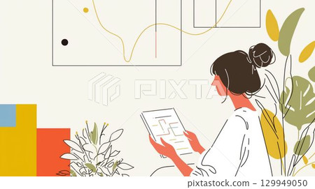 一位女士在閱讀文件和室內植物的時尚插圖 129949050