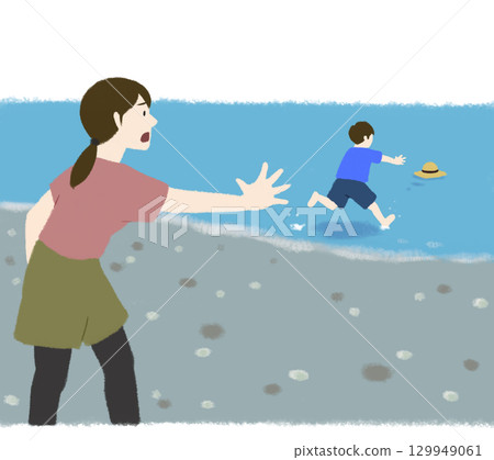 一個孩子追趕被水沖走的帽子 129949061