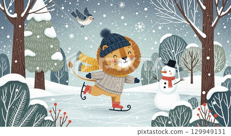 冬季森林和動物賀卡 129949131