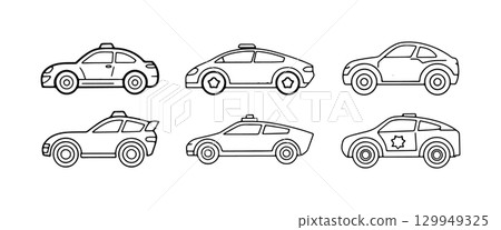 Various cartoon style police cars lined up in a symmetrical arrangement, showcasing diverse designs and shapes 129949325