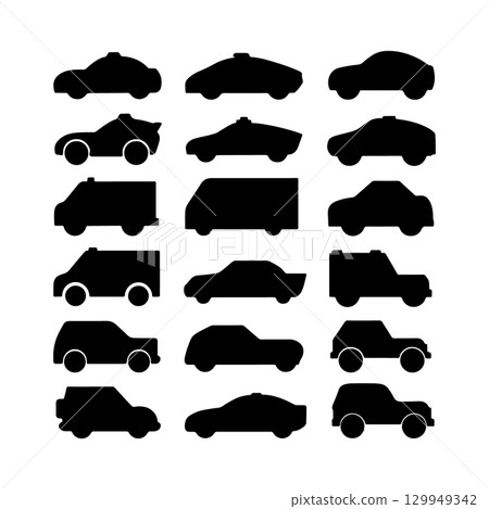 Collection of different car silhouettes displayed in a grid format for design and creative projects 129949342