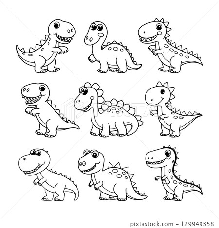 Cute dinosaur illustrations with various poses and expressions designed for childrens coloring activities Cute dinosaur illustrations with various poses and expressions designed for childrens coloring activities 129949358