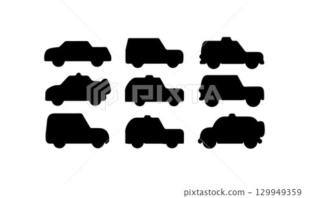 Silhouettes of various cars arranged in a grid highlighting diversity in vehicle design and style Silhouettes of various cars arranged in a grid highlighting diversity in vehicle design and style 129949359