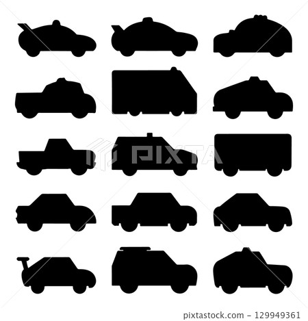 Silhouettes of various vehicles including cars, trucks, and vans organized in a grid on a plain background Silhouettes of various vehicles including cars, trucks, and vans organized in a grid on a plain background 129949361