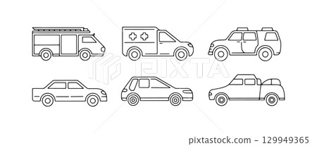 Various types of emergency and utility vehicles depicted in a simple line art style showcasing their unique features 129949365