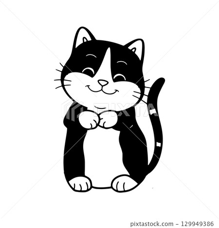 Smiling cartoon cat with black and white fur standing happily, perfect for children s art projects or educational materials 129949386