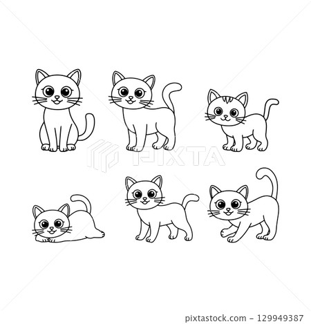 Cute cartoon cats in various poses showcasing playful behavior and expressions in a simple illustrated style Cute cartoon cats in various poses showcasing playful behavior and expressions in a simple illustrated style 129949387