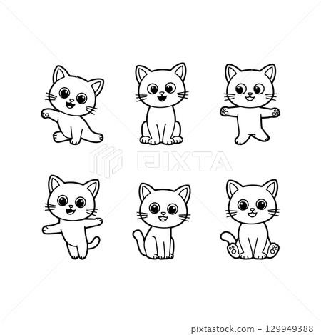 Cute cartoon kittens displaying various playful poses in a fun and cheerful style suitable for kids 129949388
