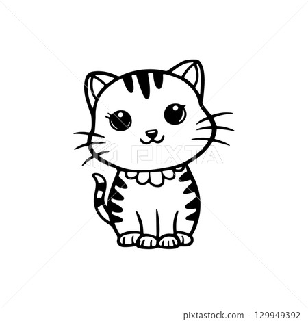 Cute cartoon cat character with stripes and big eyes sitting calmly in a simple design with a white background 129949392