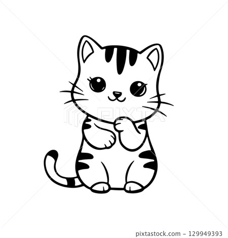 Cute cartoon kitten in a playful pose with stripes and big eyes, perfect for animal lovers 129949393