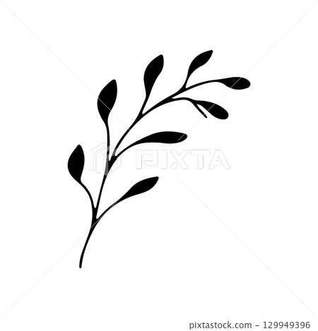 Silhouette of a botanical branch with leaves against a plain background showcasing elegant natural design elements 129949396