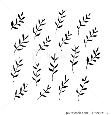 Leafy branch silhouettes arranged in a pattern showcasing botanical design elements for decoration or graphic use 129949397